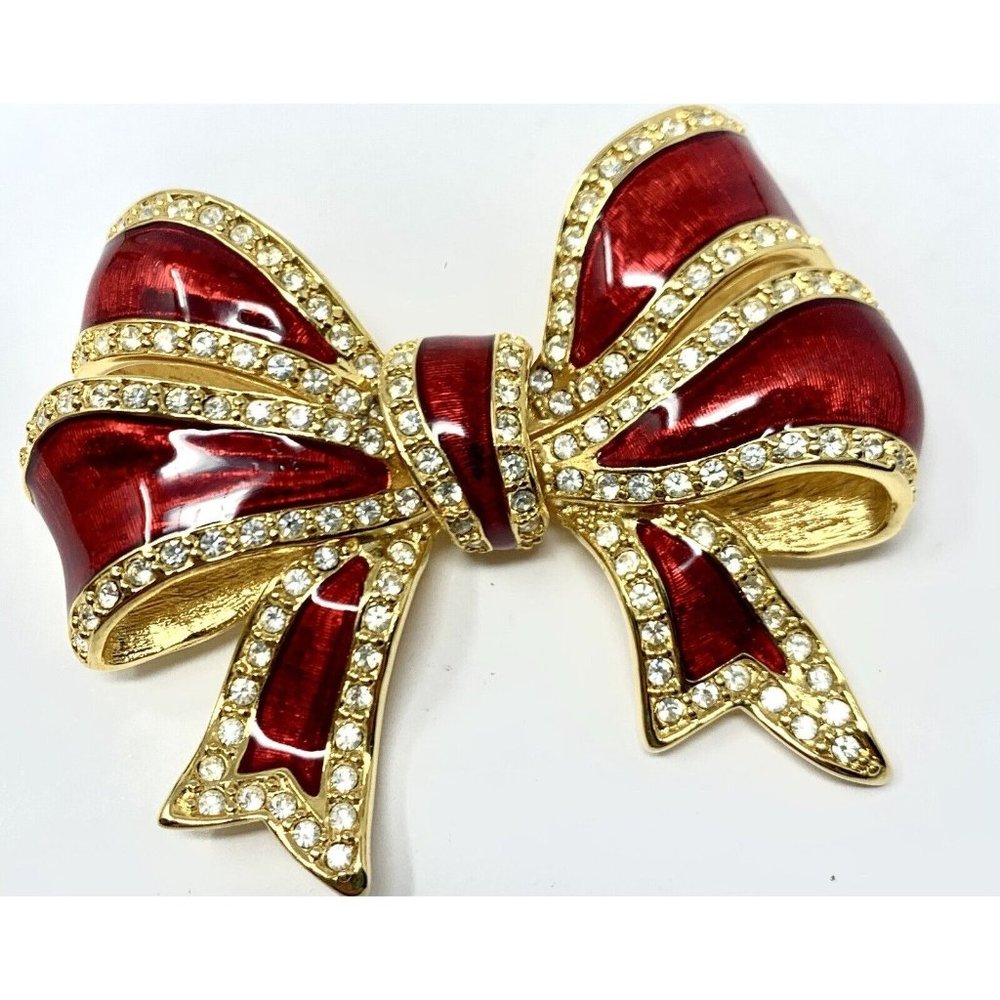 Joan Rivers Rhinestone Red Bow Holiday Christmas Xmas Enamel Pin Brooch Gold